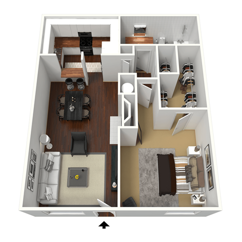 a stylized floor plan with a bedroom and living room